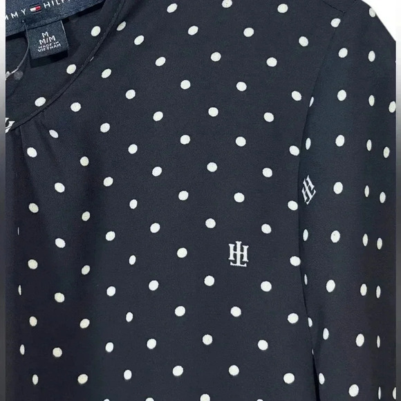 Tommy Hilfiger, Polka-Dot Gathered Neckline Balloon Sleeve  Blouse, Med, Navy - Picture 6 of 9